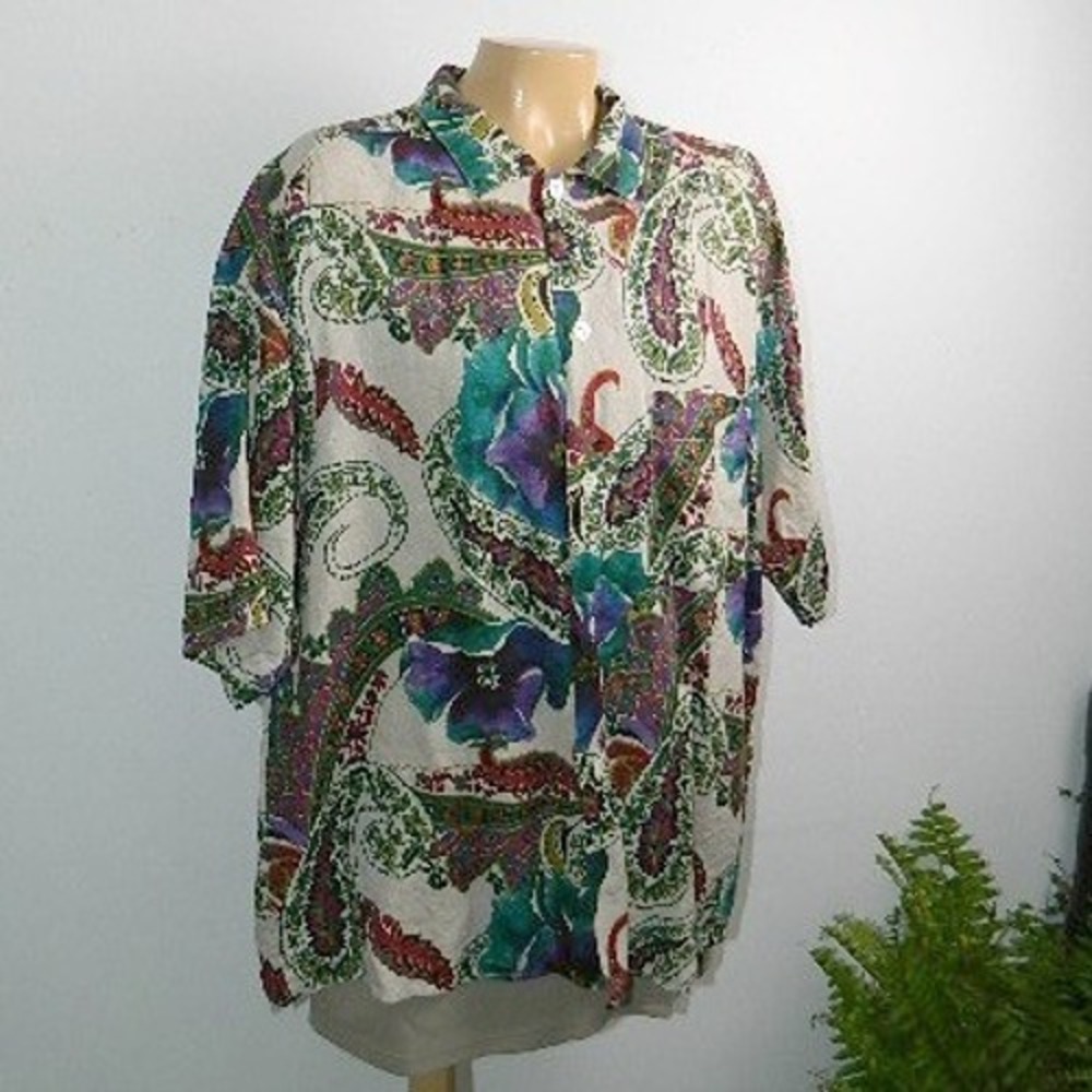 Byblos Button Up Shirt Womens 52 Multicolor Paisley Floral‎ 100% Linen Italy